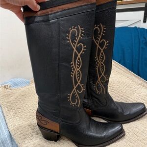 Black and Brown Embroidered Heeled Boots